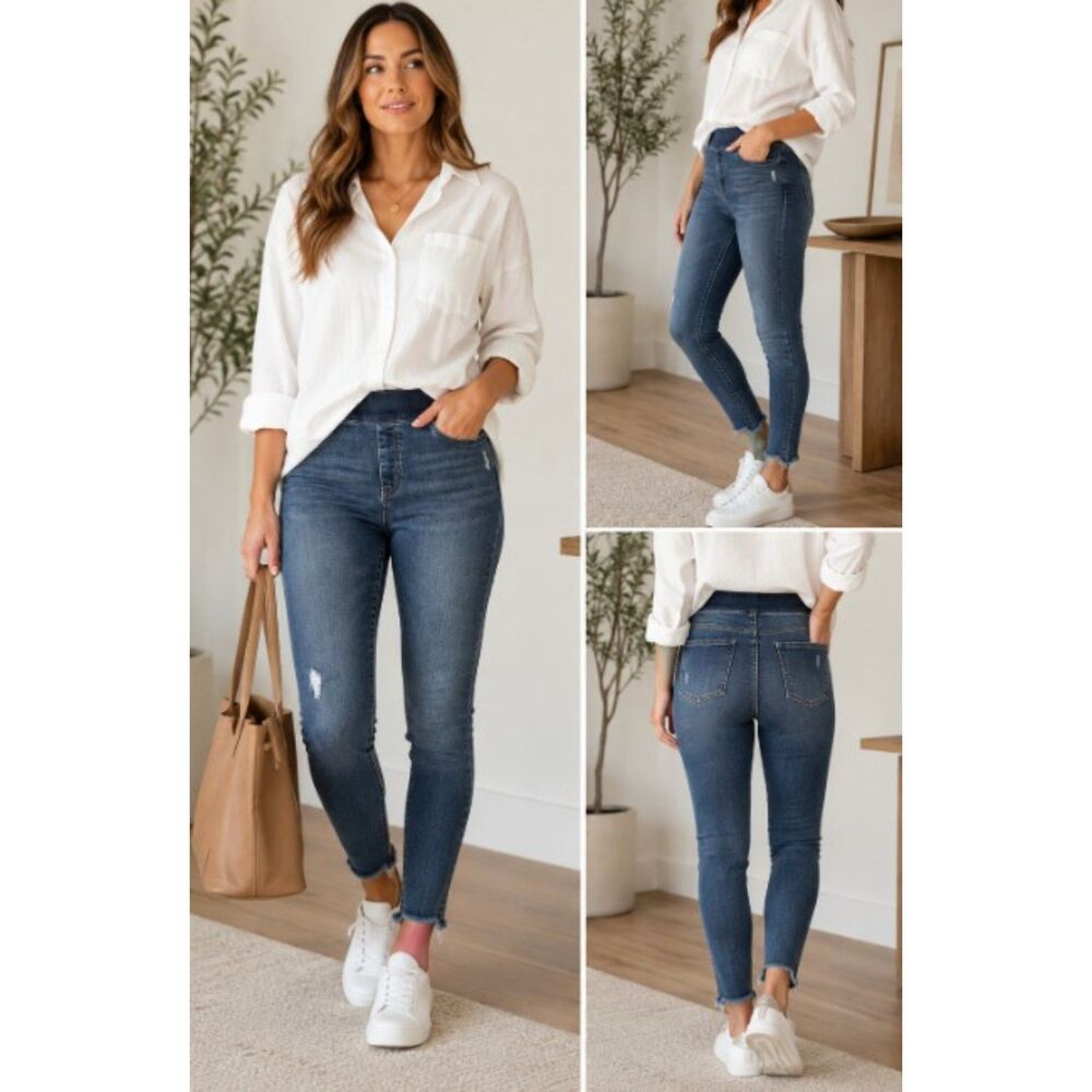 SPANX Pull On Skinny Jeans Womens Distressed Denim Raw Hem Stretch Blue Ret $128